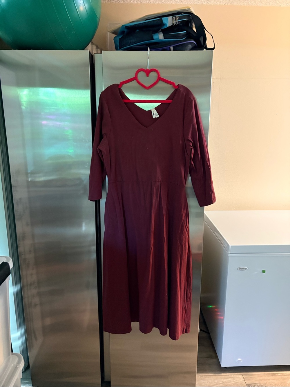 PACT XL Women’s V-Neck Midi Dress in Burgundy